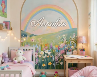 Personalized Rainbow Name Mural | Custom Wildflower Meadow Arch Wallpaper, Removable Decal Girls Room