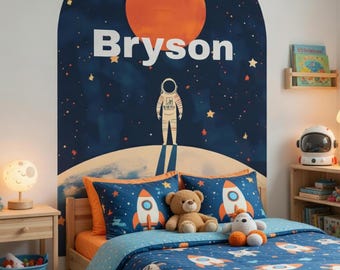 Personalized Astronaut Name Mural | Custom Space Arch Wallpaper | Removable Wall Decal for Boys Bedroom