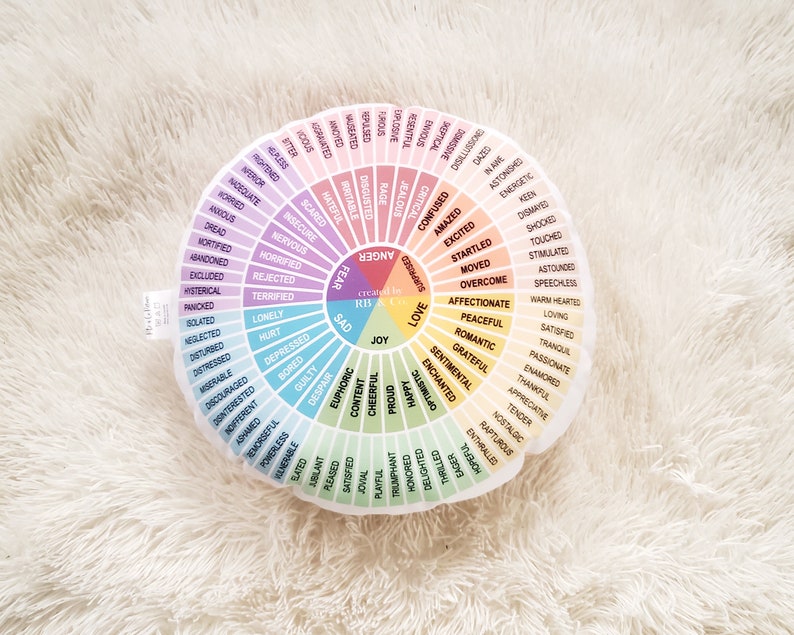 Peut inclure: Un tableau circulaire color&eacute; avec un sch&eacute;ma de couleurs arc-en-ciel. Le tableau est divis&eacute; en sections, chacune avec un mot d'&eacute;motion diff&eacute;rent. Les mots sont dispos&eacute;s en cercle, avec le mot "amour" en haut.