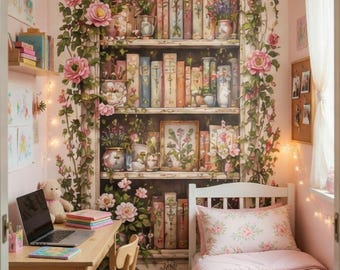 Rose Garden Bookshelf Mural | Floral Arch Wall Decal | Personalized Cottagecore Reading Nook Wallpaper