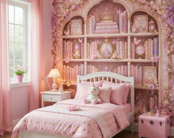 Princess Castle Bookshelf Mural | Pink Fairytale Wall Decal, Girls Bedroom Library Wallpaper