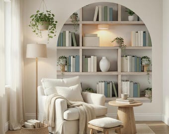 Arch Shaped Library Bookshelf Peel and Stick Wallpaper Mural | Reading Nook Wall Decal