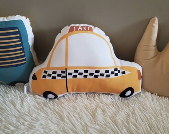 Vintage Taxi Cab Car Throw Pillow, Taxi Car Nursery Decor, Kids Car Plush Toy, Yellow Car Room Decor