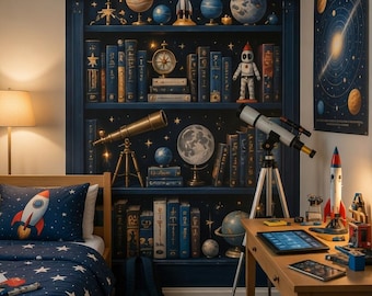 Space Explorer Bookshelf Mural | Galaxy Astronaut Wall Decal | Personalized Boys Bedroom Library Wallpaper