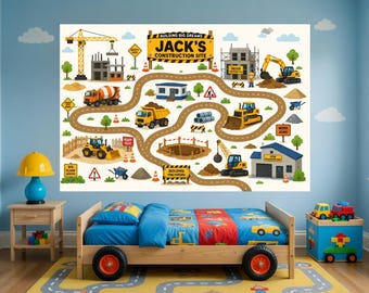 Personalized Construction Wall Decal | Custom Name Excavator Truck Bedroom Decor