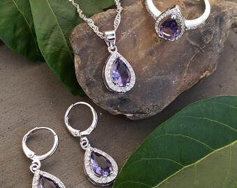 Authentic Turkish Jewelry Set Hurrem Sultan Drop Shape 925 Sterling Silver Purple Earrings Necklace Ring Christmas Gift For Her