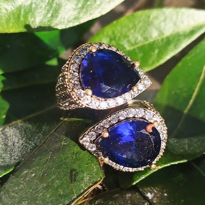 Può includere: Due anelli aperti con grandi pietre preziose blu a forma di pera. Gli anelli hanno una fascia color oro con un design dettagliato e sono circondati da piccole pietre preziose trasparenti. Gli anelli poggiano su foglie verdi.