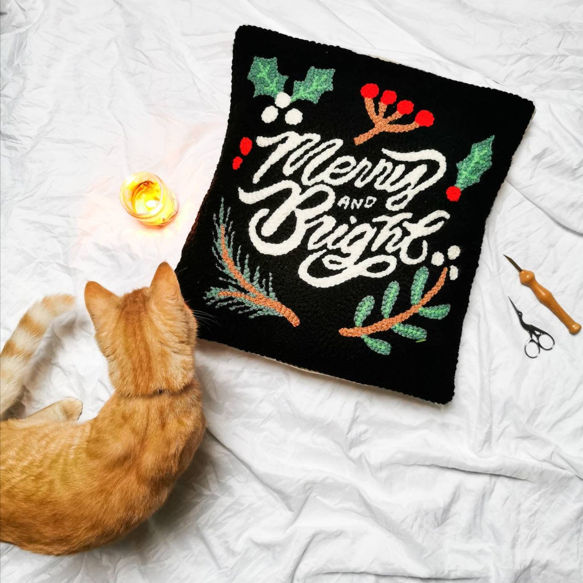 Merry & Bright Christmas punch needle pillow diy kit Etsy