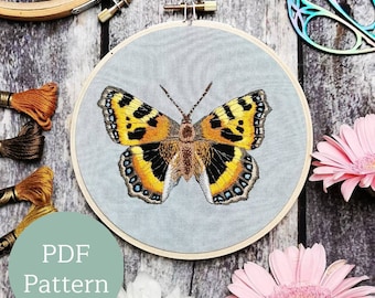 Small tortoiseshell butterfly | Embroidery PDF Pattern | Thread painting | Modern Maker Club |