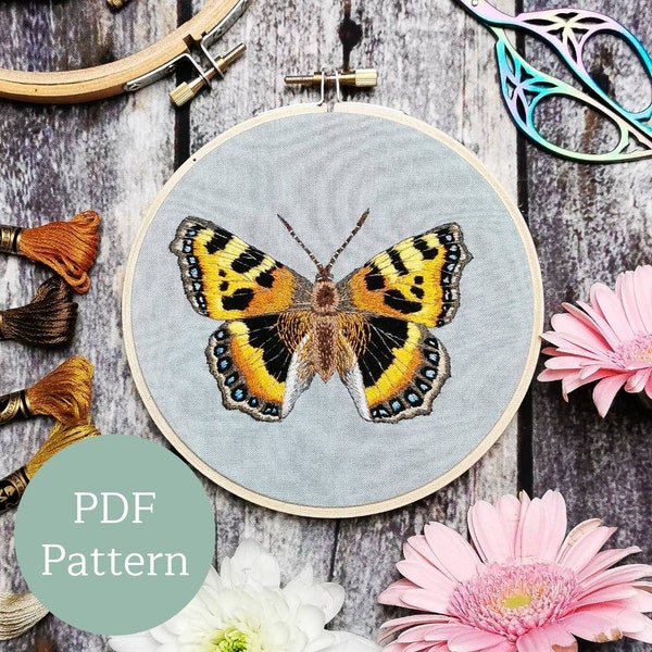 Small tortoiseshell butterfly | Embroidery PDF Pattern | Thread painting | Modern Maker Club |