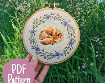 Embroidery Pattern | Sleeping fox pattern | Thread painting
