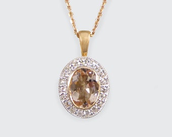 Morganite and Diamond Halo Cluster Pendant Necklace in White and Rose Gold