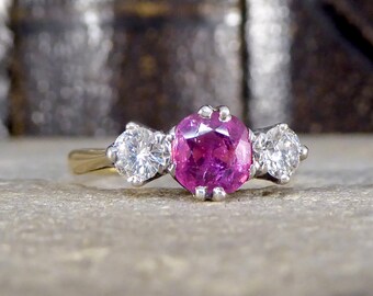 Early 20th Century Ruby and Diamond Three Stone Ring in 18ct Yellow Gold and Platinum