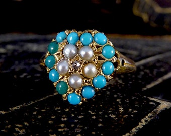 Victorian Heart Shaped Turquoise Seed Pearl and Diamond Cluster Ring in 18ct Yellow Gold