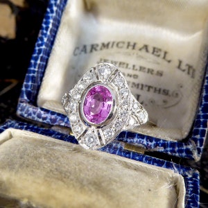 Art Deco Style Pink Sapphire and Diamond Navette Shaped Plaque Ring in Platinum RG1200