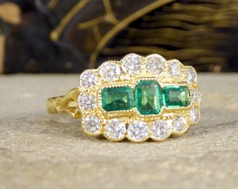 Antique Style Emerald and Diamond Boat Ring in 18ct Yellow Gold