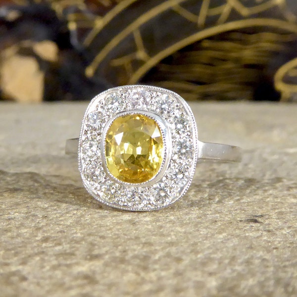 Contemporary 1.50ct Yellow Sapphire and Diamond Cluster Ring in Platinum RG1281