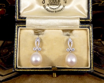 Fresh Water Cultured Pearl and Diamond Drop Earrings in 18ct White Gold