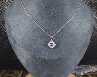 Ceylon Sapphire and Diamond Cluster Pendant Necklace in White Gold