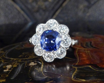 Contemporary Edwardian Style 1.50ct Sapphire and 1.10ct Diamond Cluster Ring in Platinum RG1217