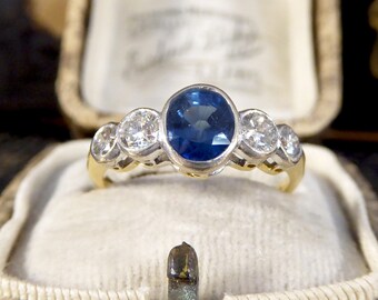 Edwardian Sapphire and Diamond Bezel Set Five Stone Ring in 18ct White and Yellow Gold