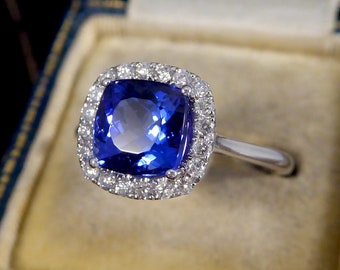 ON HOLD Cushion Cut Tanzanite and Diamond Cluster Ring in White Gold