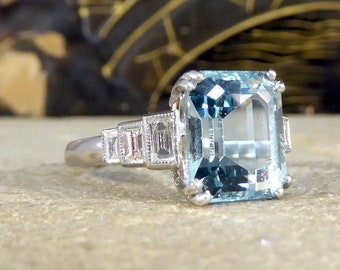 Art Deco Inspired 3.30ct Aquamarine and Diamond Staged Ring in Platinum