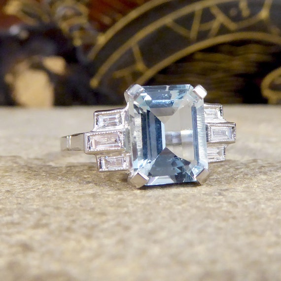 Art Deco Style 2.00ct Aquamarine and Diamond Geometric Ring in - Etsy