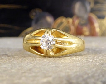 Late Victorian Old Cushion Cut Diamond Belcher Set Ring in 18ct Yellow Gold