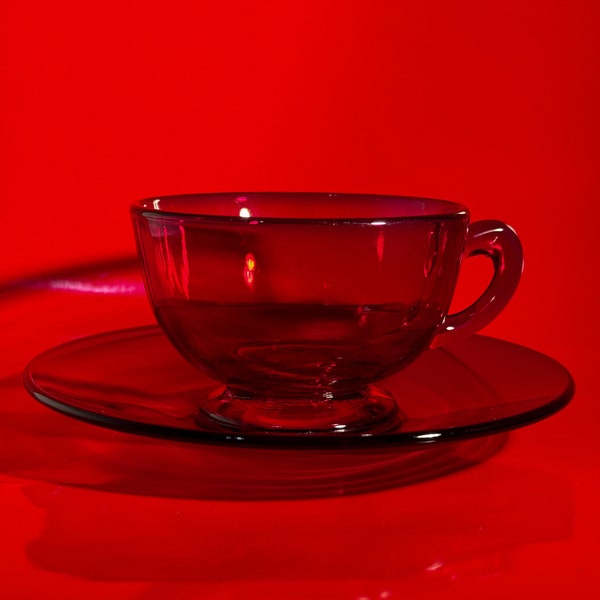 3 Vintage Ruby Red Tea Cups and Saucers