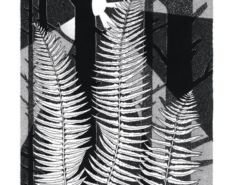 Why We Reach - 11 x 14 - Art Print - Fern - Botanical - Oregon - PNW - Black and White - Ink - Forest - Sun - Dark - Winter - Woods - Tree