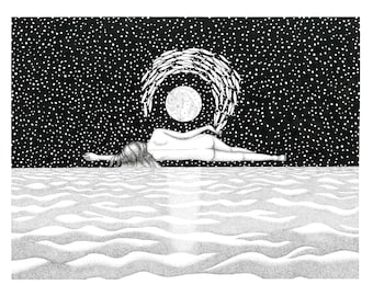 Fata Morgana - 11 x 14 - Art Print - Visionary - Woman - Nude - Ocean - Stars - Fish - Dream - Art - Waves - Black and White - Ink Art - Ink