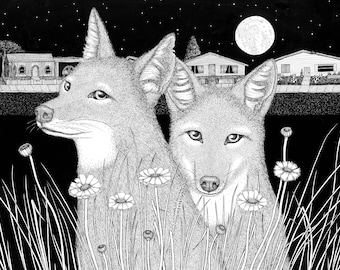 Neighborhood Ecology - 11 x 14 - Art Print - Animal - Dog - Art - Coyote - Moon - Desert - Arizona Art - Ink - Black and White