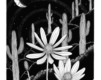 Illusion of Disconnect - 11 x 14 - Art Print - Flower - Saguaro - Art - Cactus - Moon - Desert - Arizona Art - Ink - Black and White