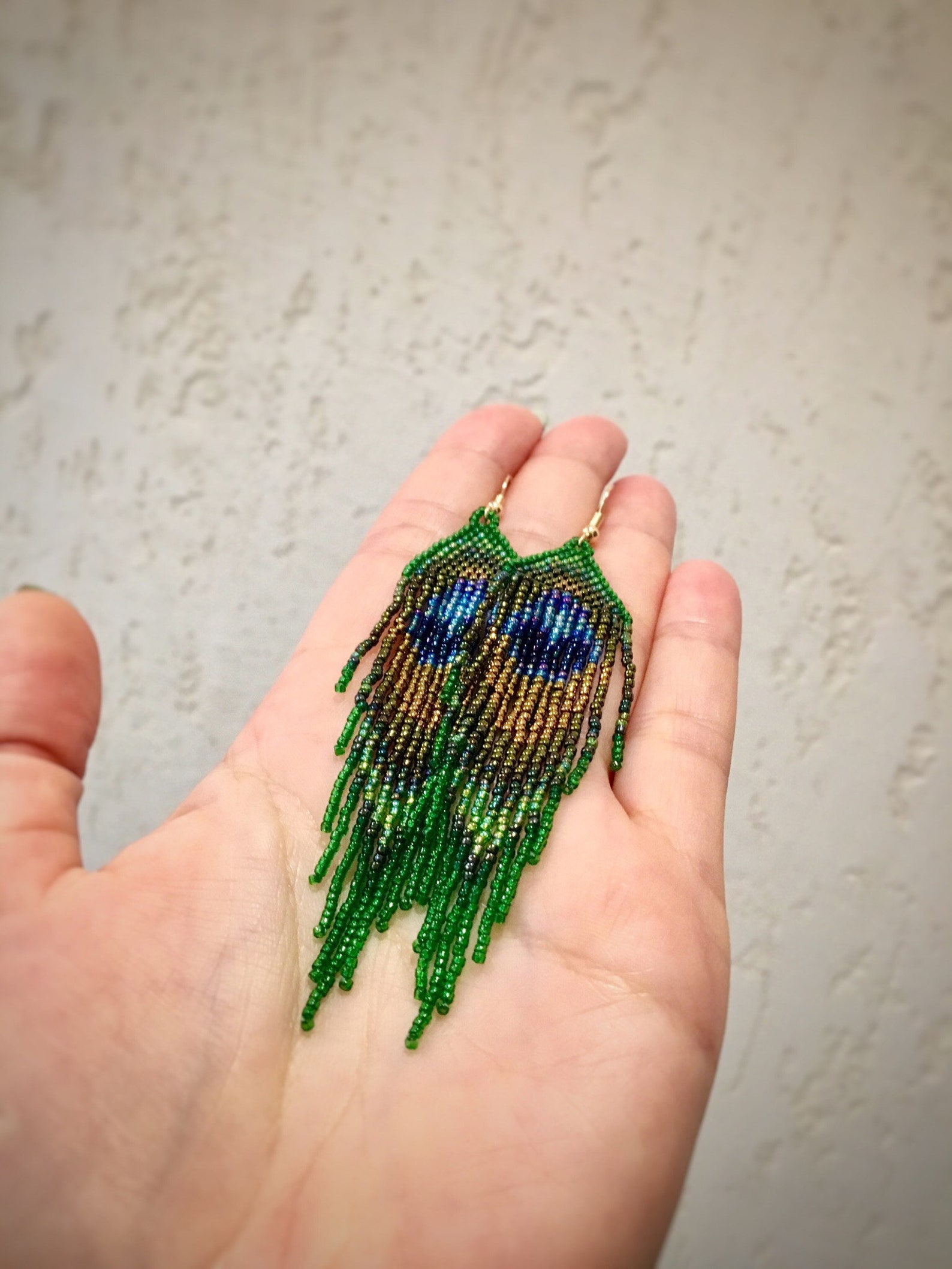 Seed bead earring Peacock feather green Dangle Etsy
