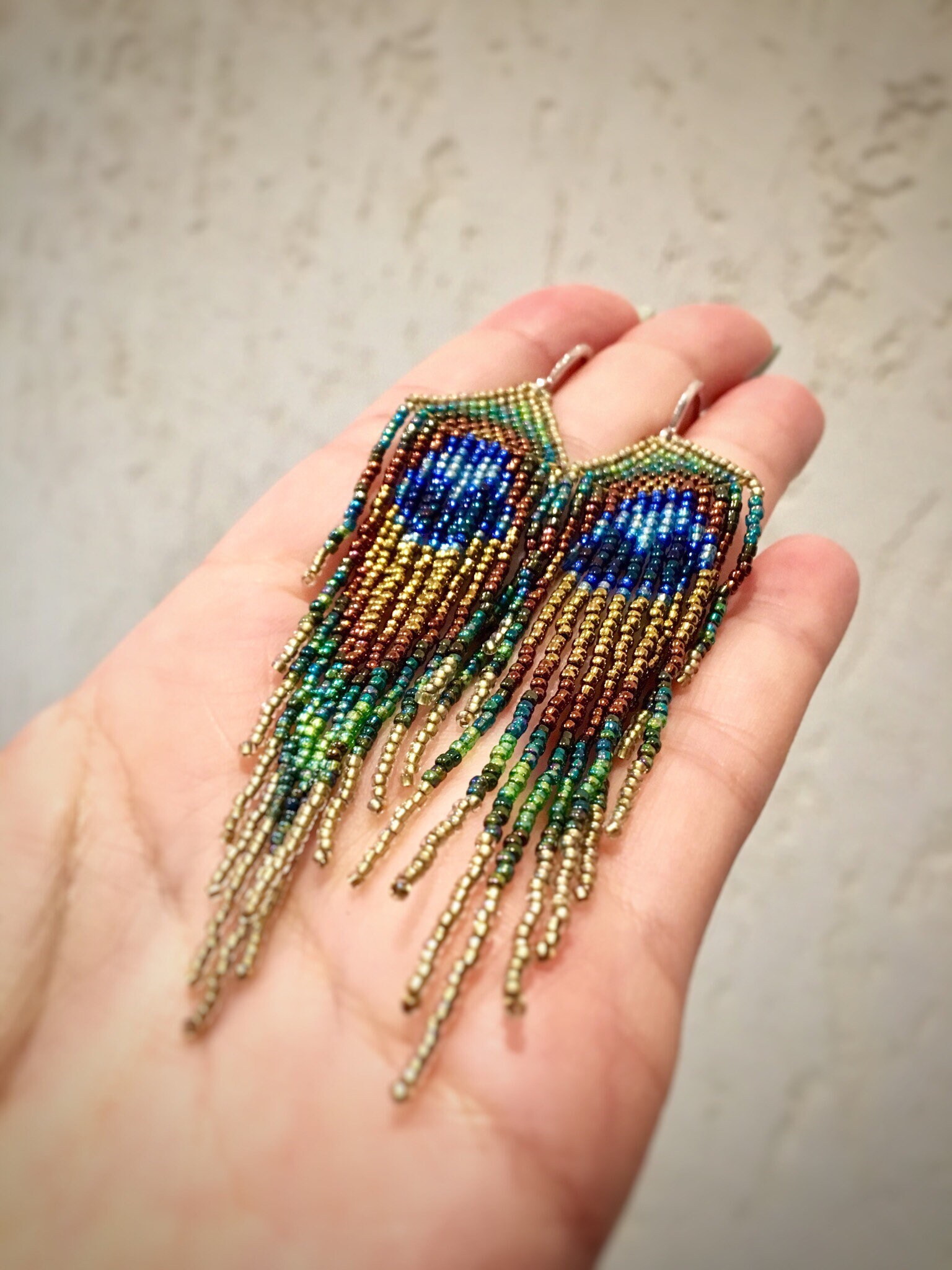 Seed bead earring Peacock feather gold Dangle Etsy