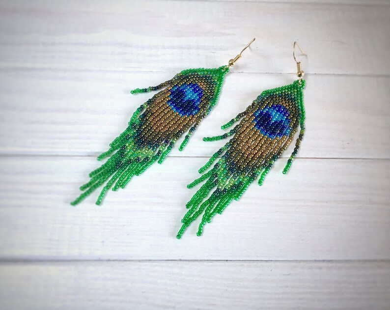 Seed bead earring Peacock feather green Dangle Etsy