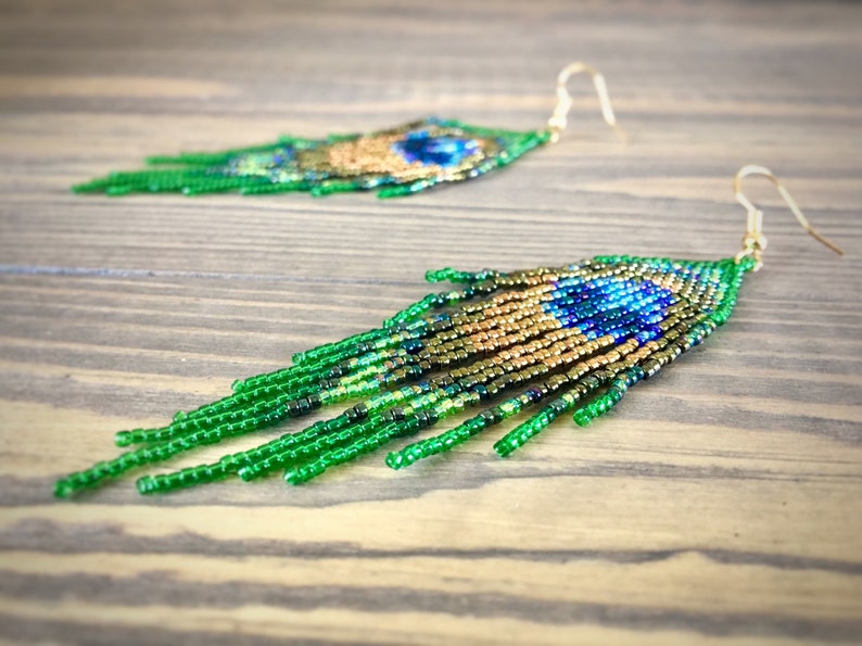 Seed Bead Earring peacock Feather green Dangle Etsy