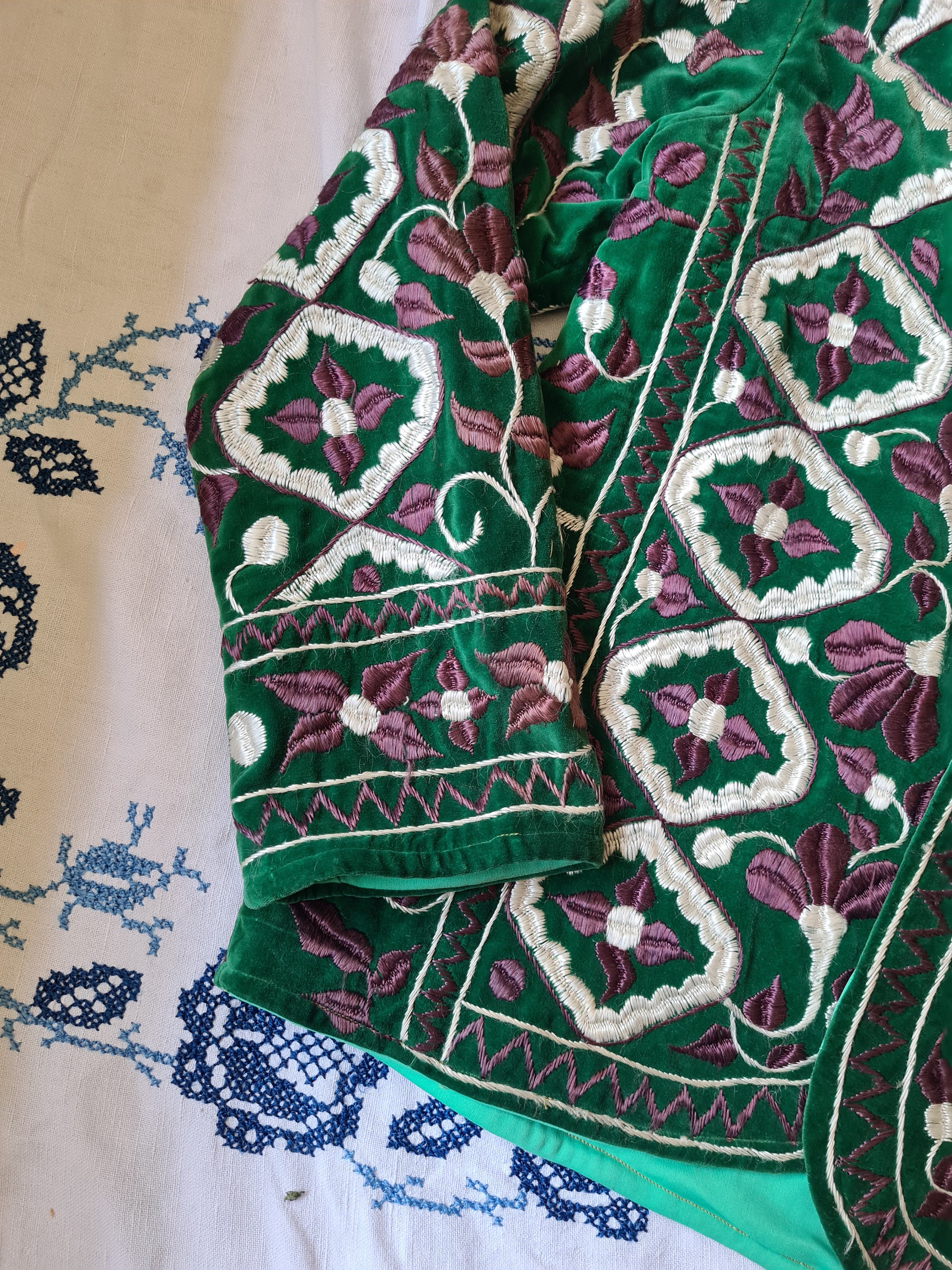 1960s Afghan Jute Vest with Embroidery and Intricate Velvet Inlay