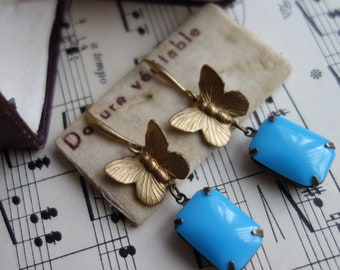 Playful earrings, *butterfly in sky blue*, romantic jewellery, nostalgia, Art Nouveau style, Baroque, Rococo