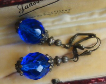 Royal blue earrings with bohemian glass beads simple and beautiful bright blue earrings vintage romantic art deco style