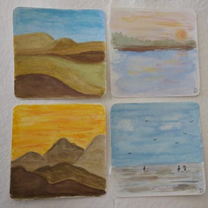 Peintures de paysages, peintures miniatures, montagnes, plage, mer, aquarelle, peintures originales, mini peintures, cadeau, vœux de fête des mères, unique, murale