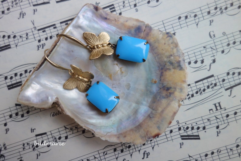 Playful earrings, butterfly in sky blue, romantic jewellery, nostalgia, Art Nouveau style, Baroque, Rococo image 5