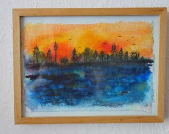Sunrise, watercolor, handmade cotton paper, original, unique, hand painted, forest, lake, trees, sky, landscape picture, A5, unframed