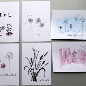 Kaartenset, 6 kaarten, handgeschilderde kleine plaatjes, ansichtkaarten, tekening, liefde, paardenbloemen, rouw, minimalistische kaarten, handgemaakt, cadeau