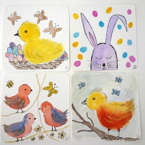 Uccelli, pulcini, dipinti in miniatura, acquerello, dipinti originali, senza cornice, mini quadri, 9 x 9 cm, regalo, Pasqua, festa della mamma, singolarmente o in set