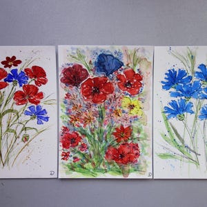 Cartões de flores, fotos de flores, flores em aquarela, buquês de flores do campo, papoulas, centáureas, aquarela, cartões originais, cartões comemorativos, fotos de parede