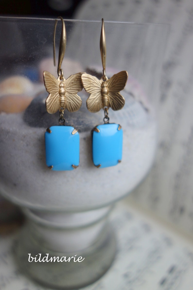 Playful earrings, butterfly in sky blue, romantic jewellery, nostalgia, Art Nouveau style, Baroque, Rococo image 6