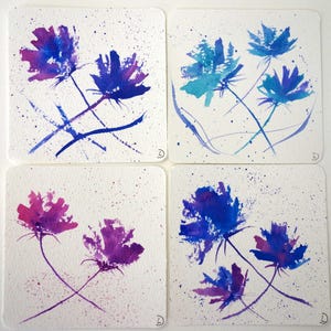 Flores abstractas, pinturas en miniatura, acuarela, pinturas originales, sin marco, mini pinturas, 9 x 9 cm, regalo, cumpleaños, día de la madre, individualmente o en conjunto