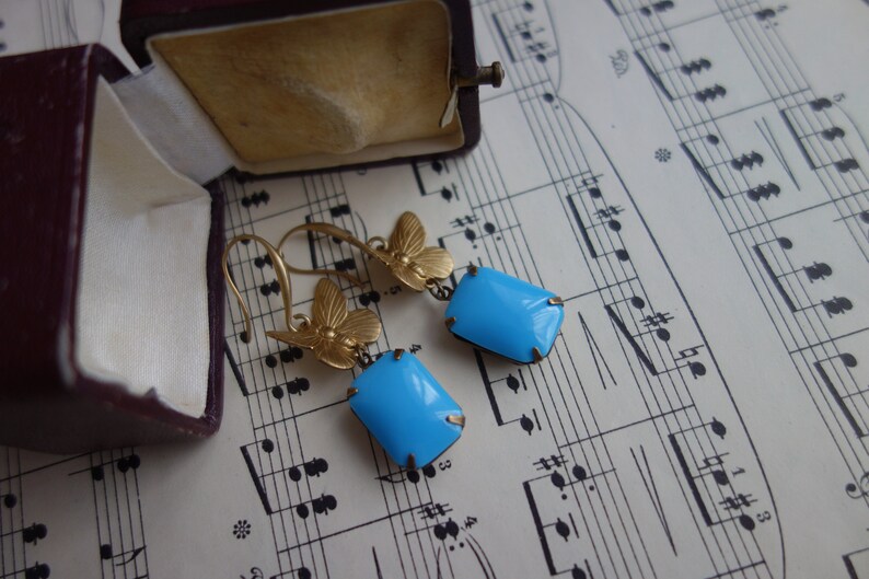 Playful earrings, butterfly in sky blue, romantic jewellery, nostalgia, Art Nouveau style, Baroque, Rococo image 4